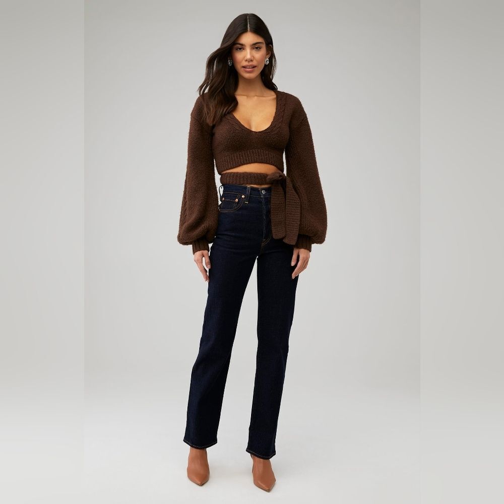For Love & Lemons Amelia Cropped Sweater in Brown - Size XS